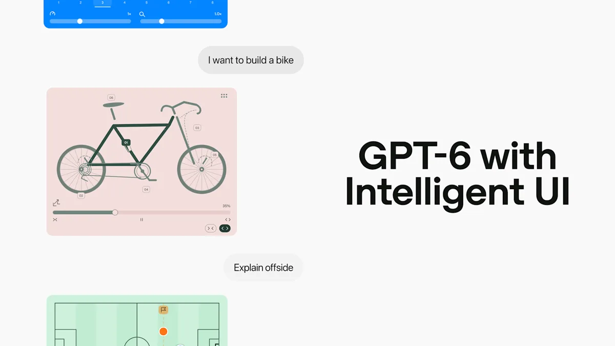 GPT-6 Intelligent UI 소개 이미지. 채팅 답변 안에 자전거 도식과 슬라이더가 들어간 화면