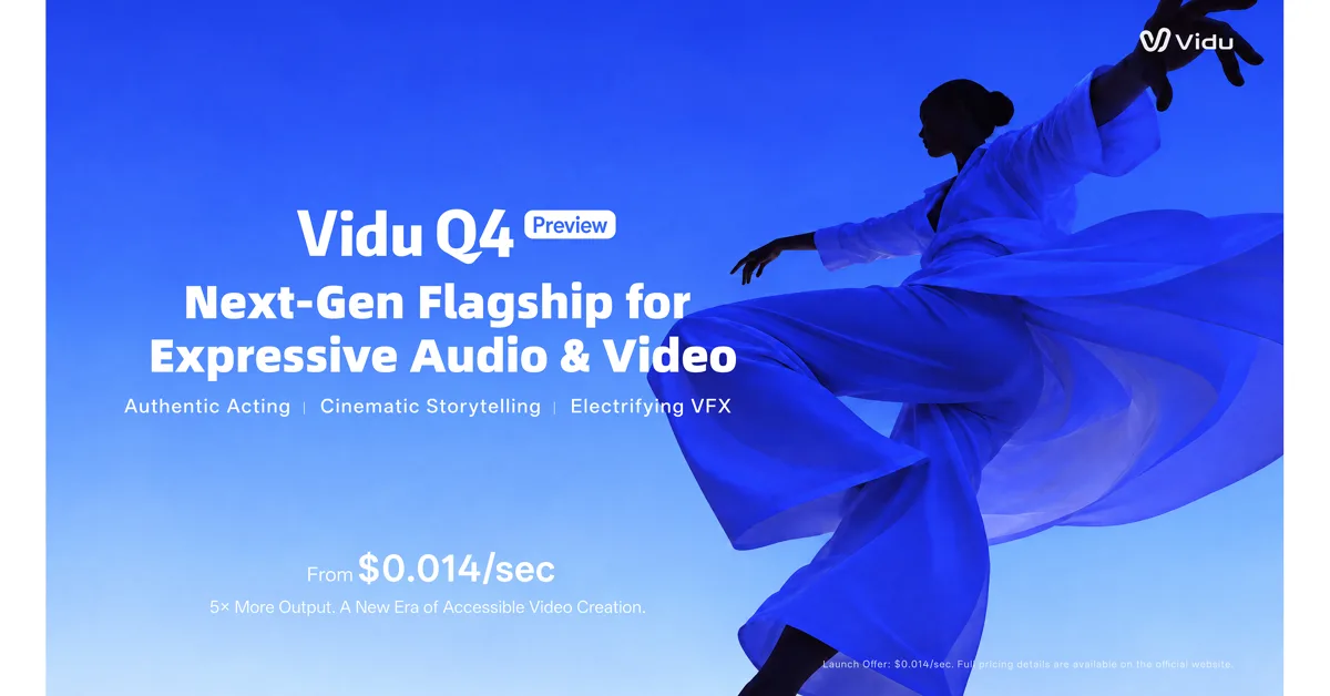 Vidu Q4 Preview 공식 발표 이미지. 파란 배경에 천을 휘날리며 춤추는 실루엣과 초당 0.014달러 문구